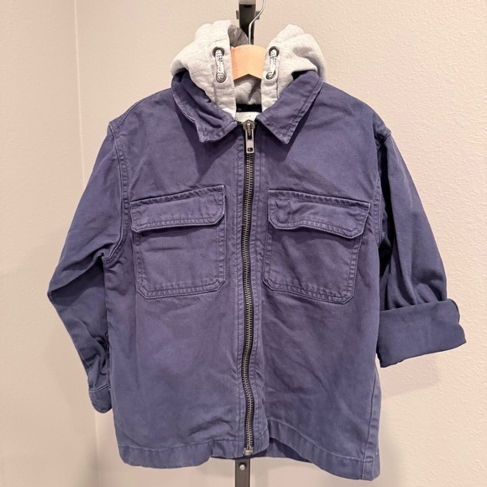 Zara kids blue and gray hooded canvas utility jacket size 7